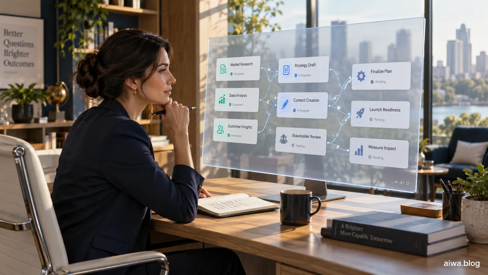 Illustration of an analyst reviewing connected tasks on a digital workflow display