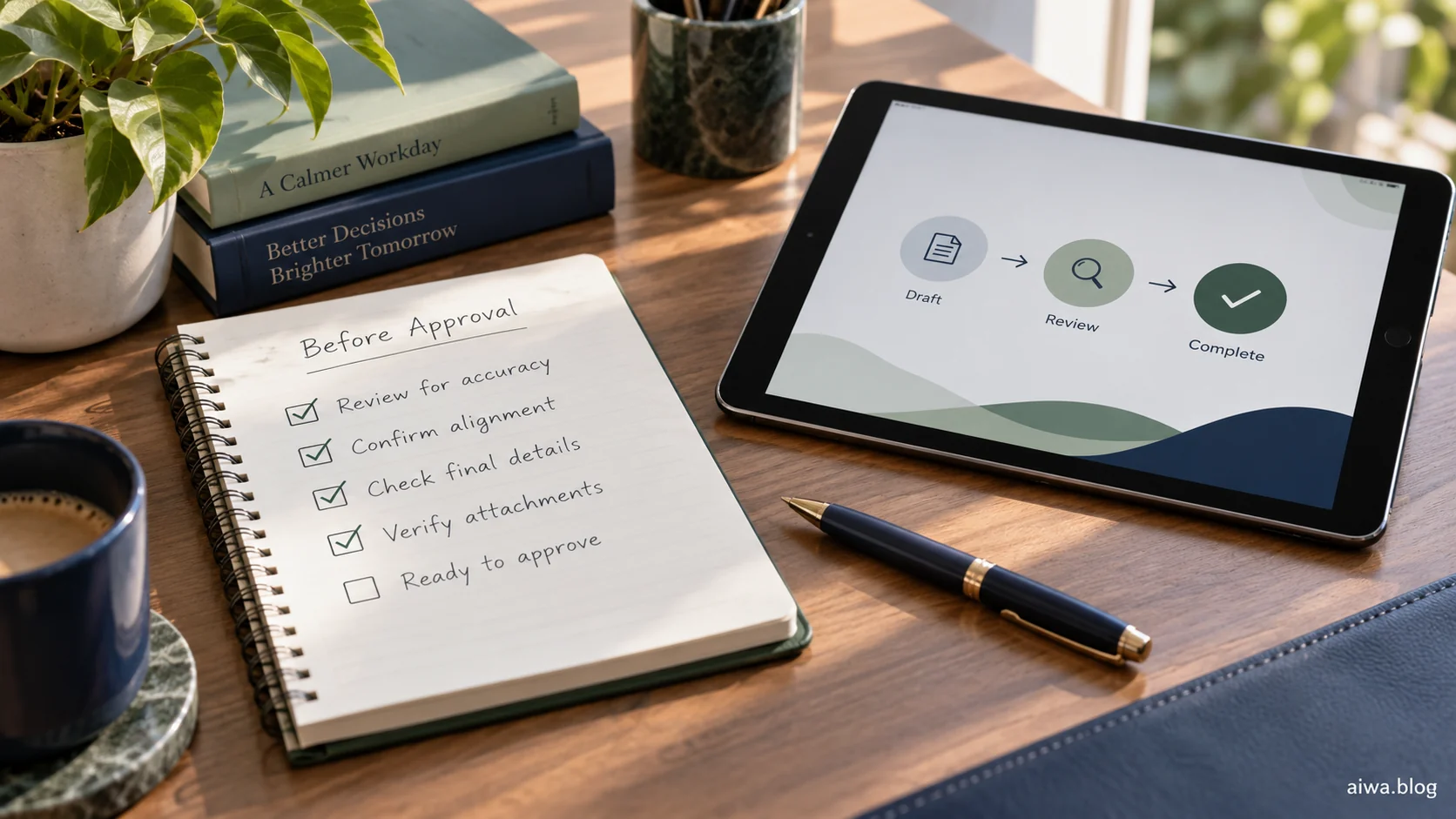 Illustration of an approval checklist beside a tablet showing draft, review and completion