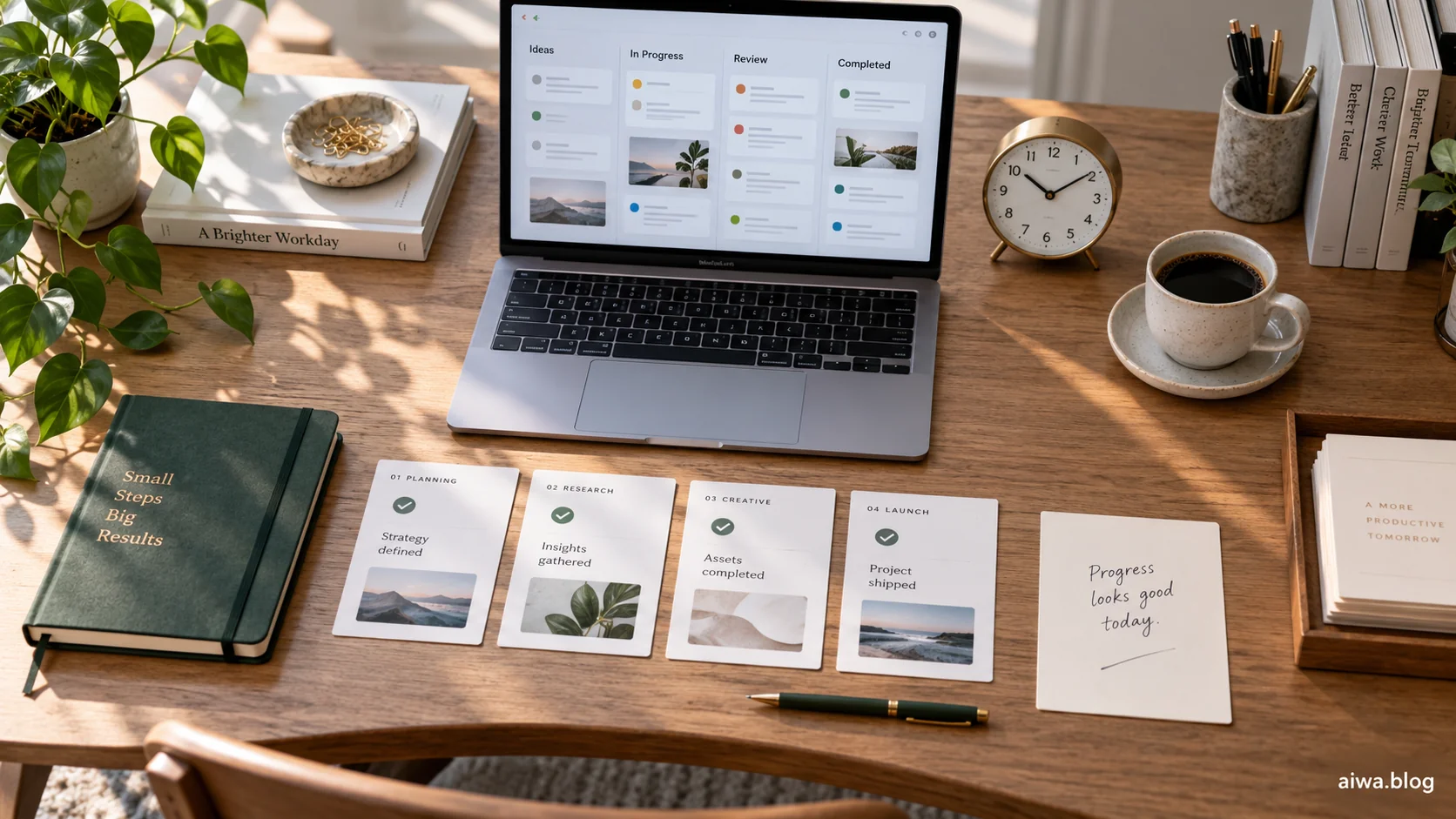 Illustration of a project board and completed work cards on an organised desk