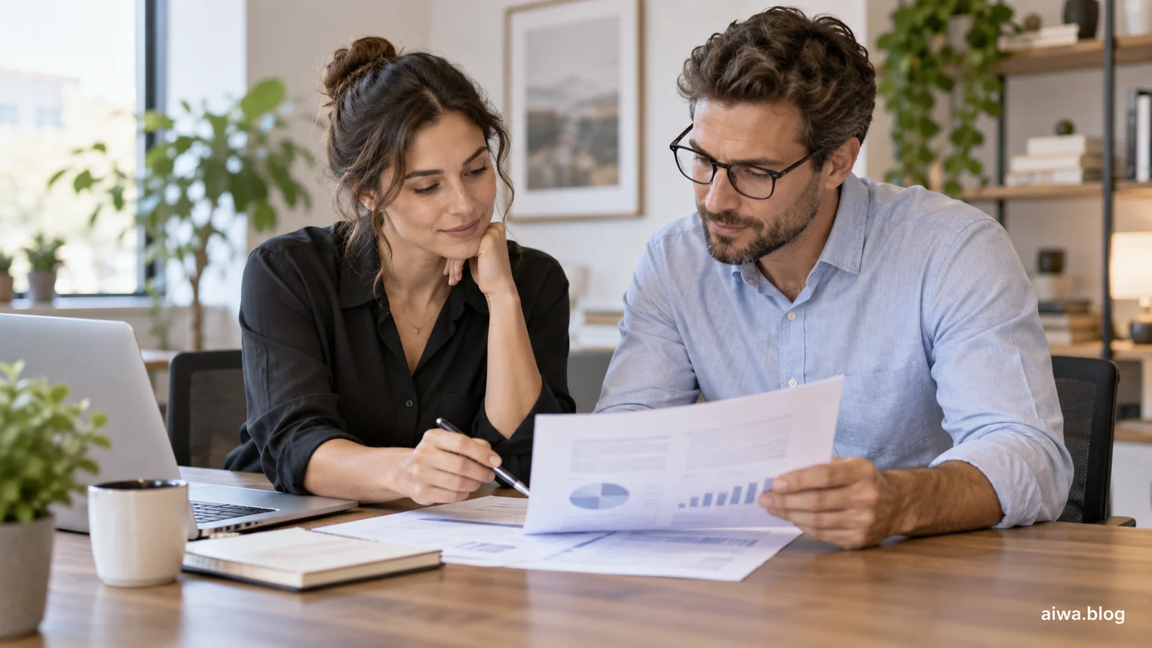 Illustration of two colleagues reviewing a report together