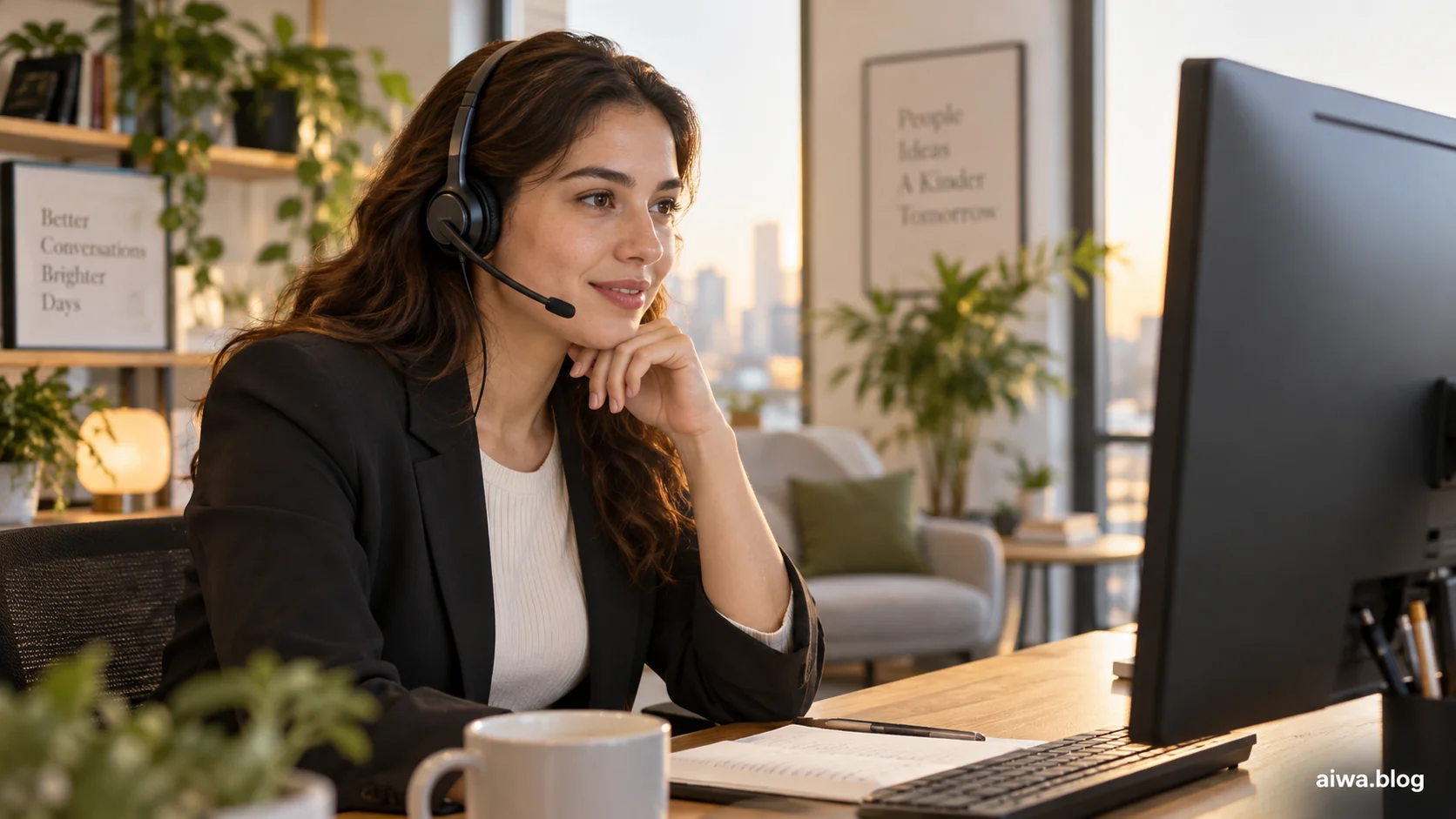 Illustration of a customer-service representative listening attentively at a workstation