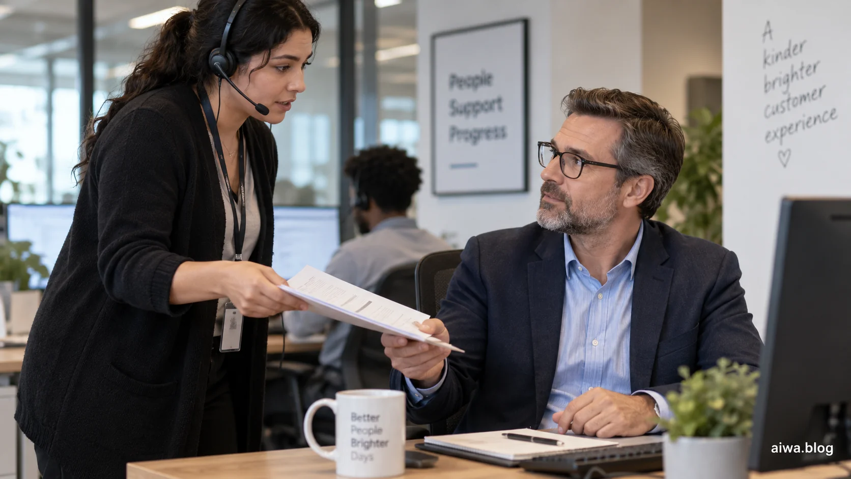 Illustration of a service representative handing a case to a supervisor