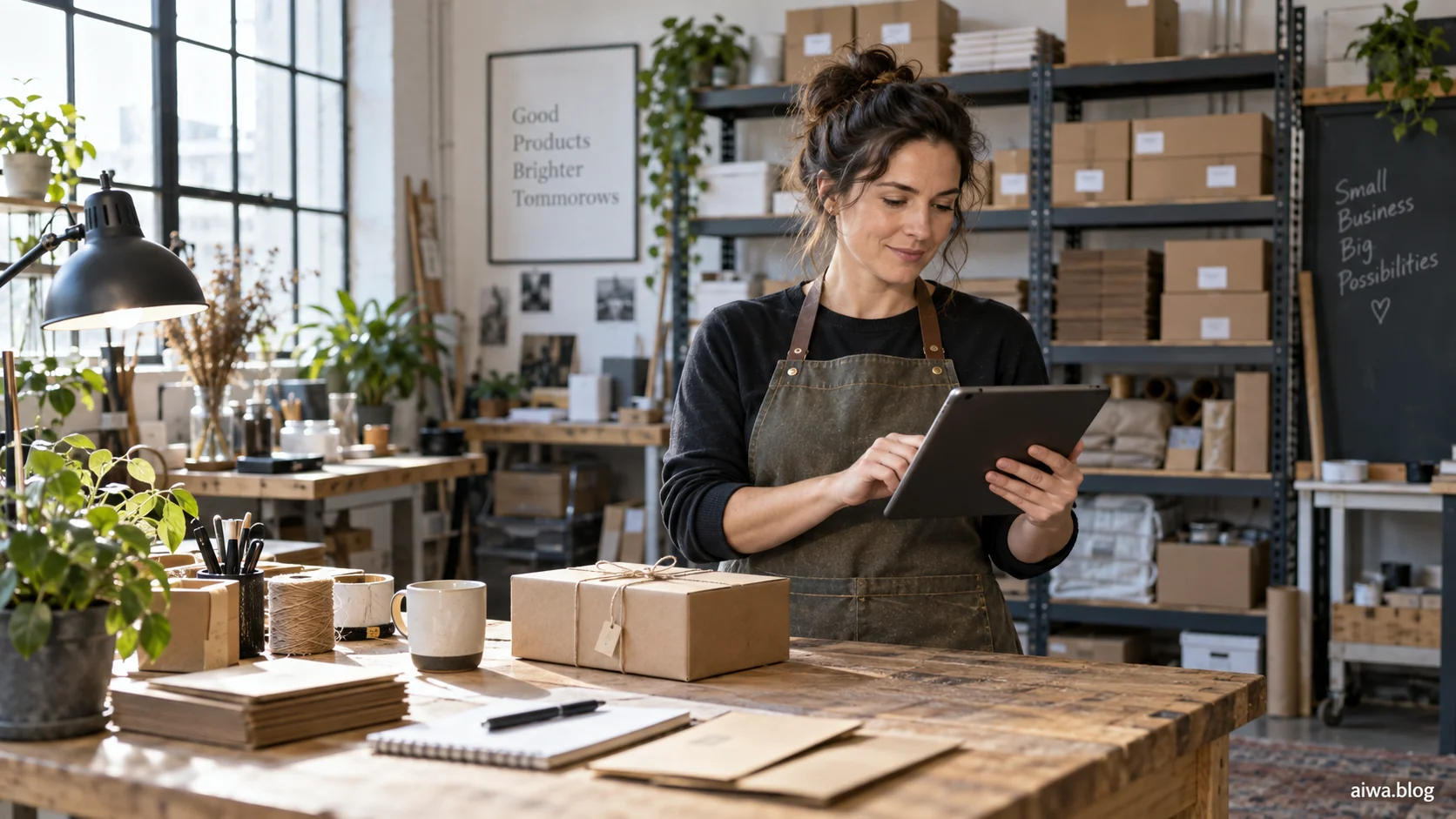 Illustration of a small-business owner reviewing operations on a tablet