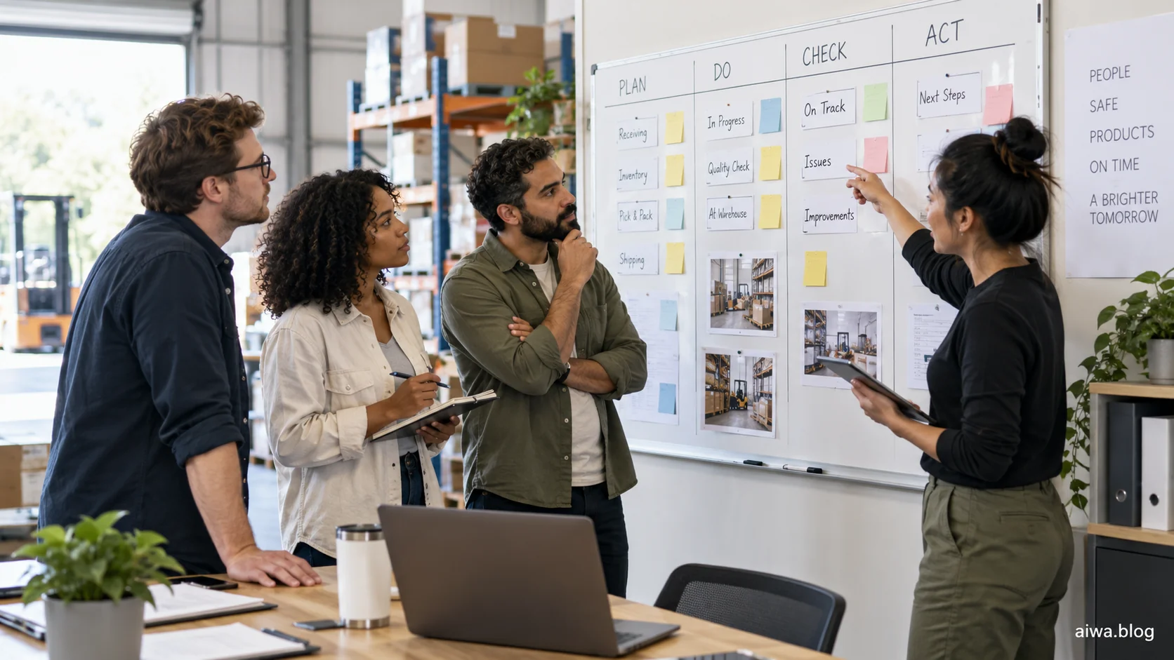 Illustration of an operations team reviewing a warehouse planning board
