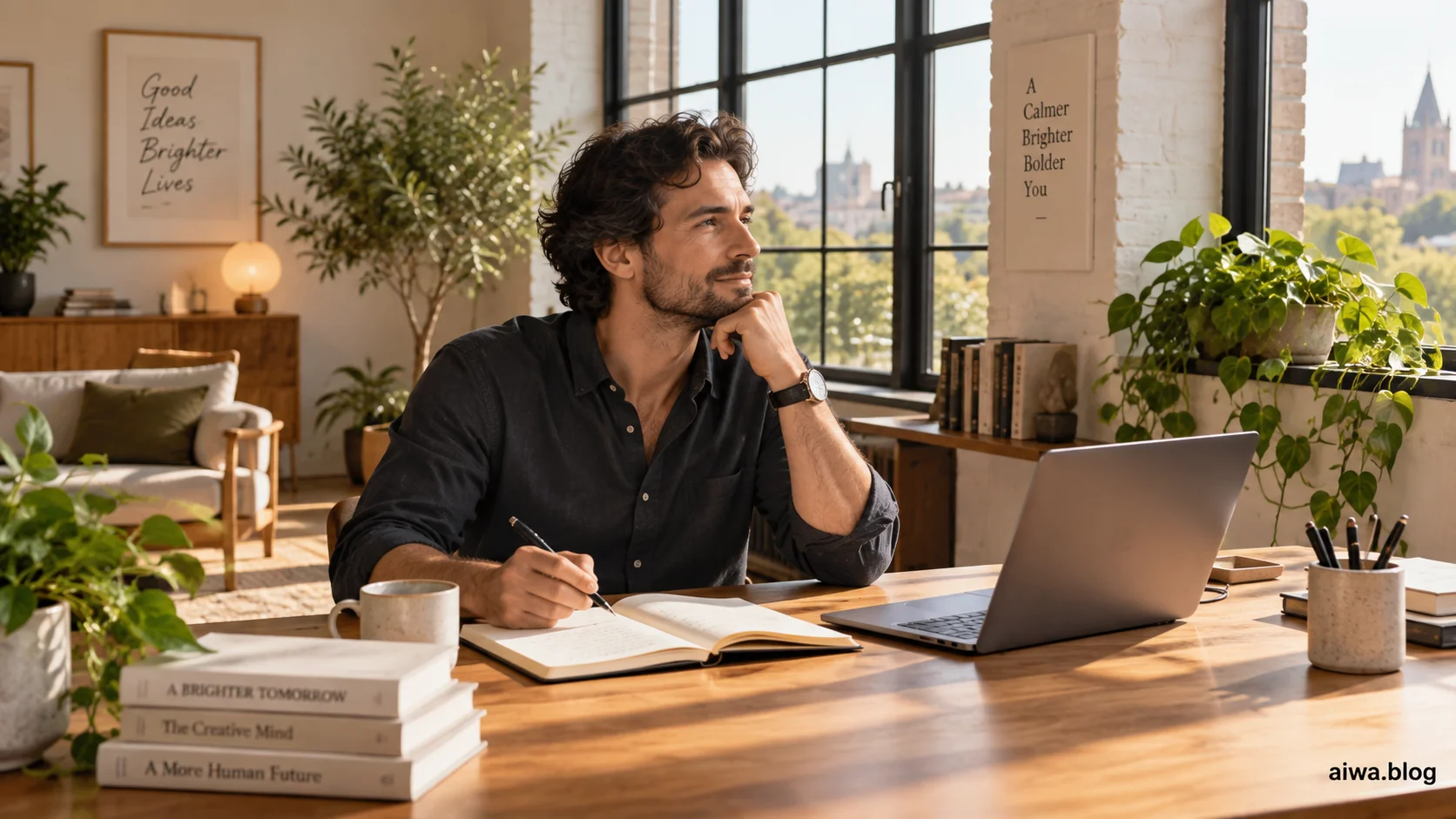 Illustration of an entrepreneur pausing to think in a quiet office