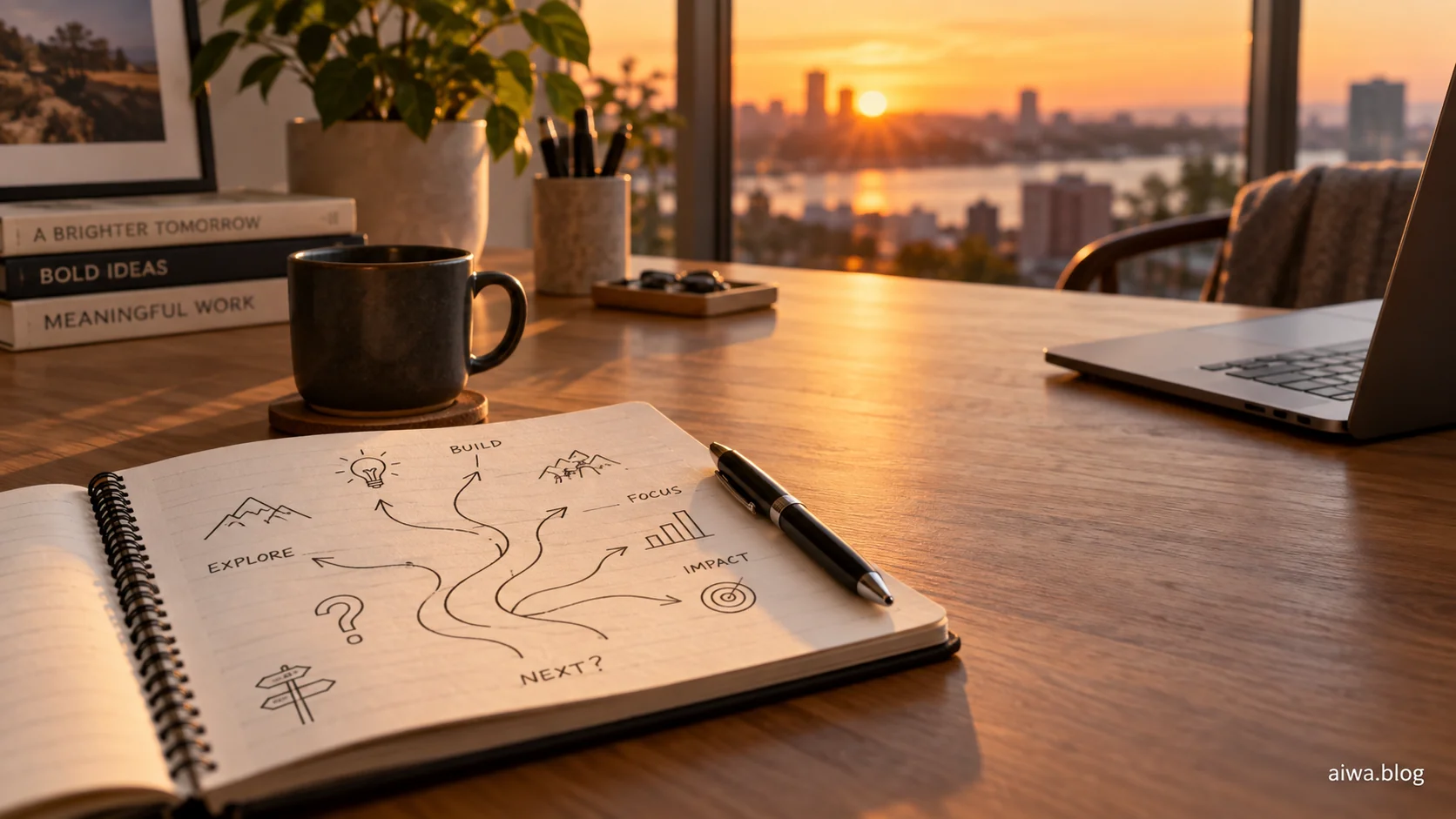 Illustration of a notebook with strategic options on a clear desk