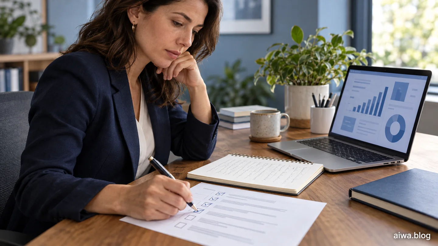 Illustration of a professional reviewing an AI-prepared report against a written checklist