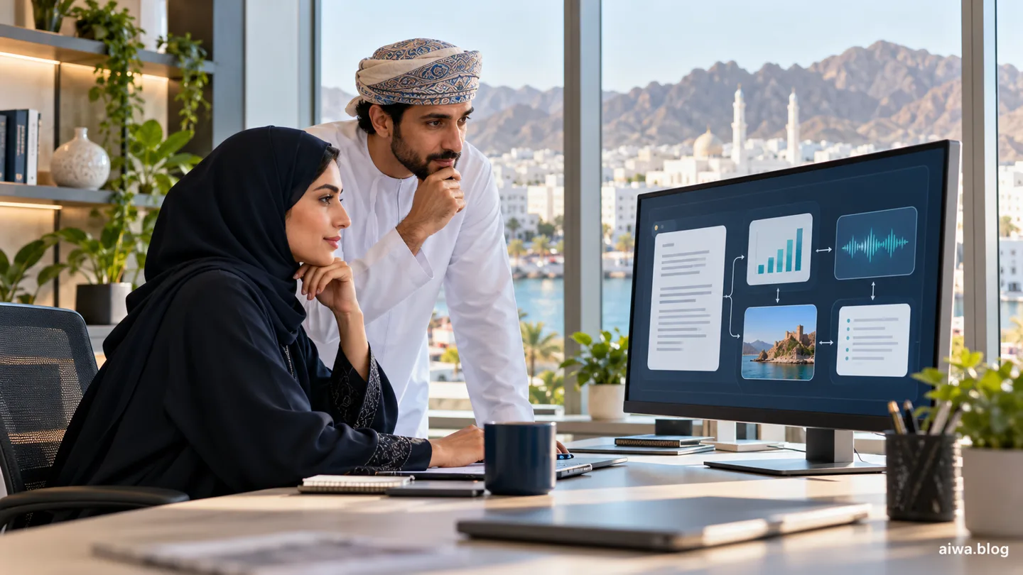 Editorial illustration of colleagues reviewing documents, charts and an AI-assisted workflow