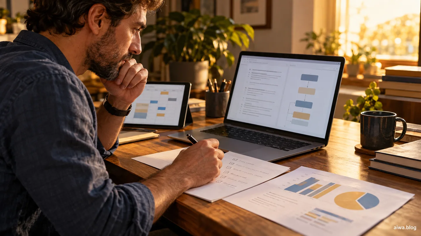 Editorial illustration of a professional checking an AI-assisted workflow against source documents
